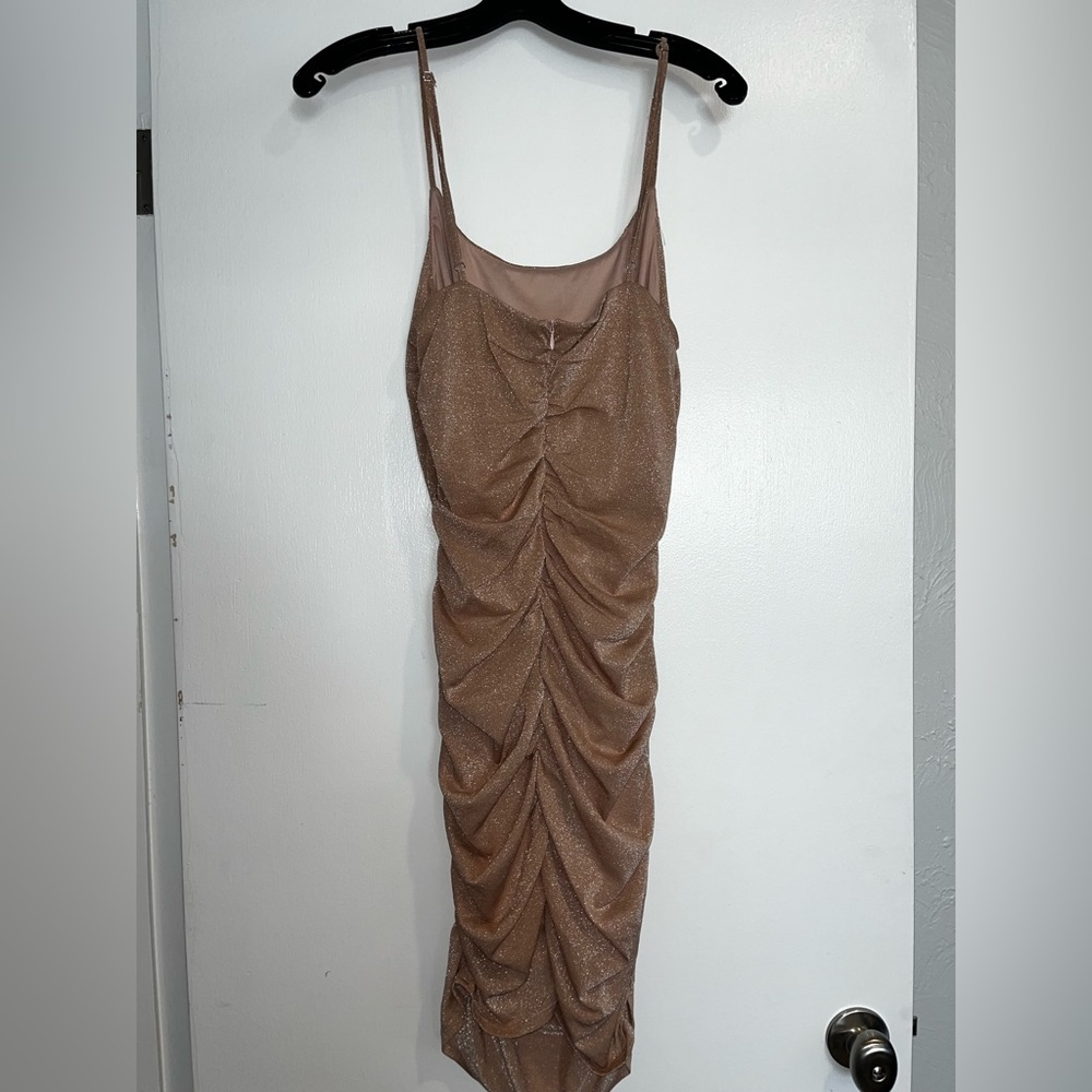 Storia Adjustable Strappy Sparkly Champagne Mini Dress with Back Ruching & Zip